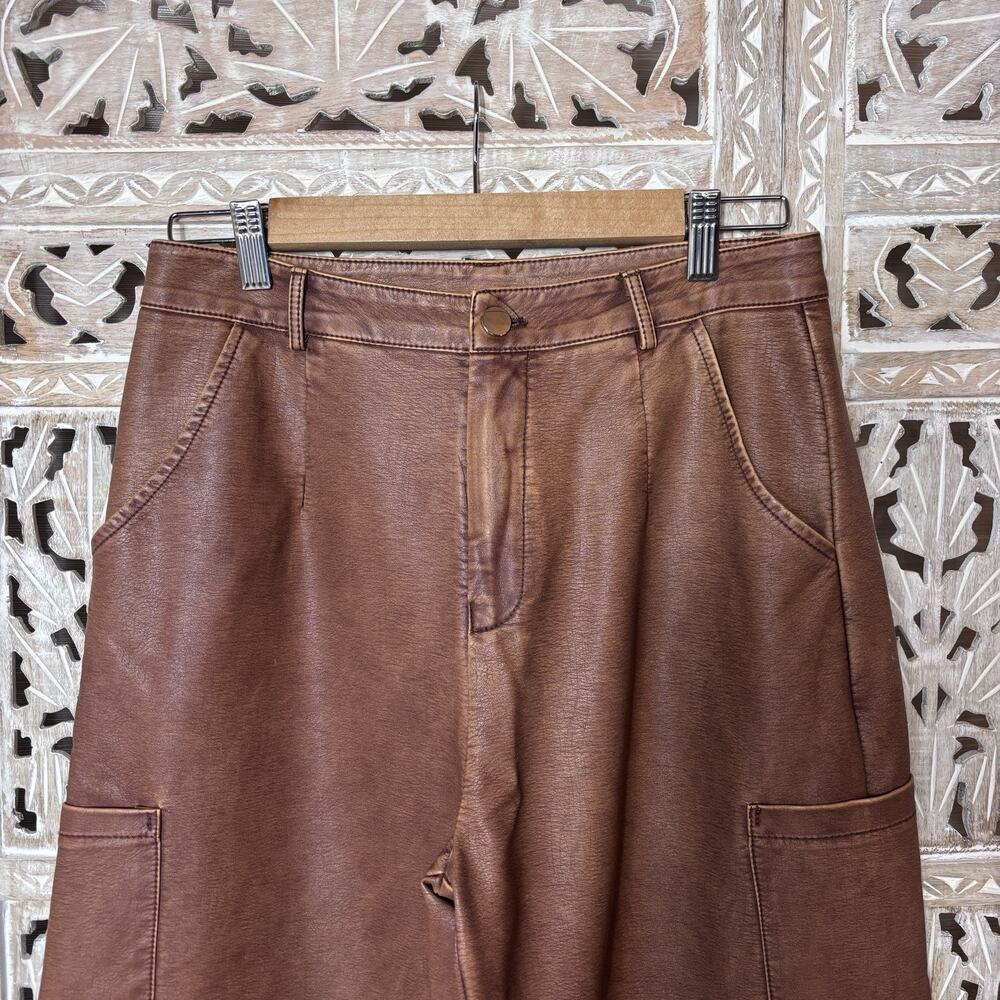 Faux Leather Multi Pockets Gorpcore Edgy Wide Leg Cargo Leather Saddle Brown L